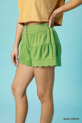 Umgee Scalloped High-Waisted Decorative Button Shorts OutfitFlow
